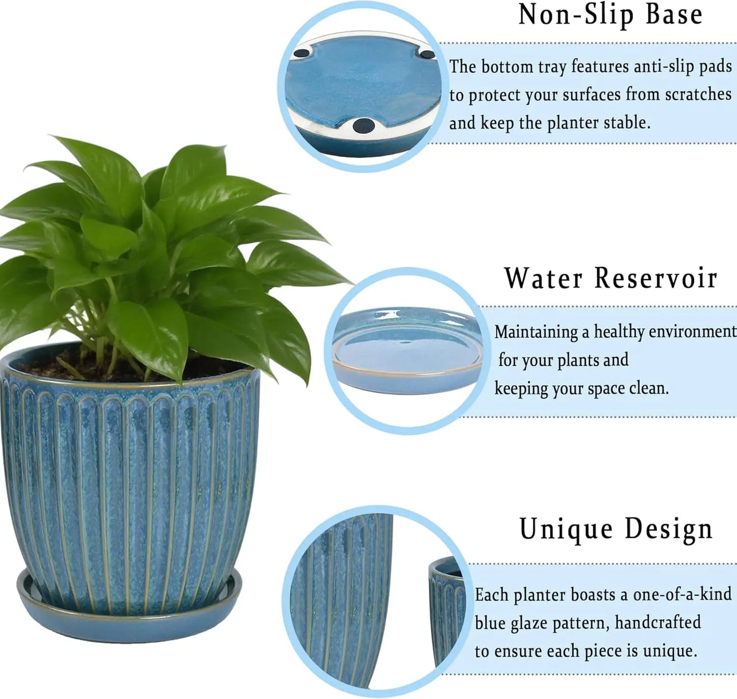 6-Inch Ceramic Plant Pots with Drainage Hole, Indoor/Outdoor Flower Pots for Succulents and More in Glaze Blue