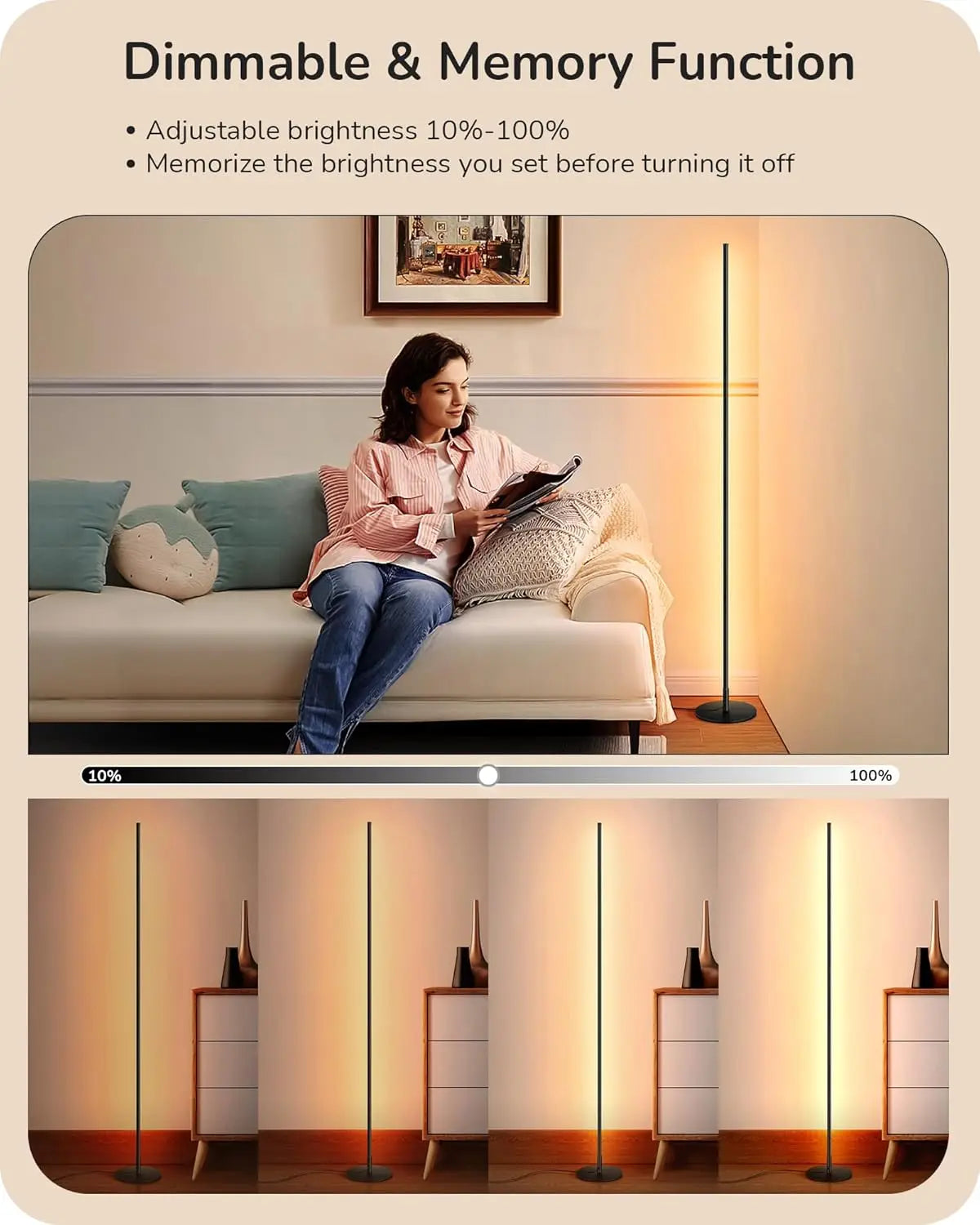 57.5" Adjustable Dimmable LED Corner Floor Lamp, Minimalist Design for Living Room Bedroom Office, Warm White Light