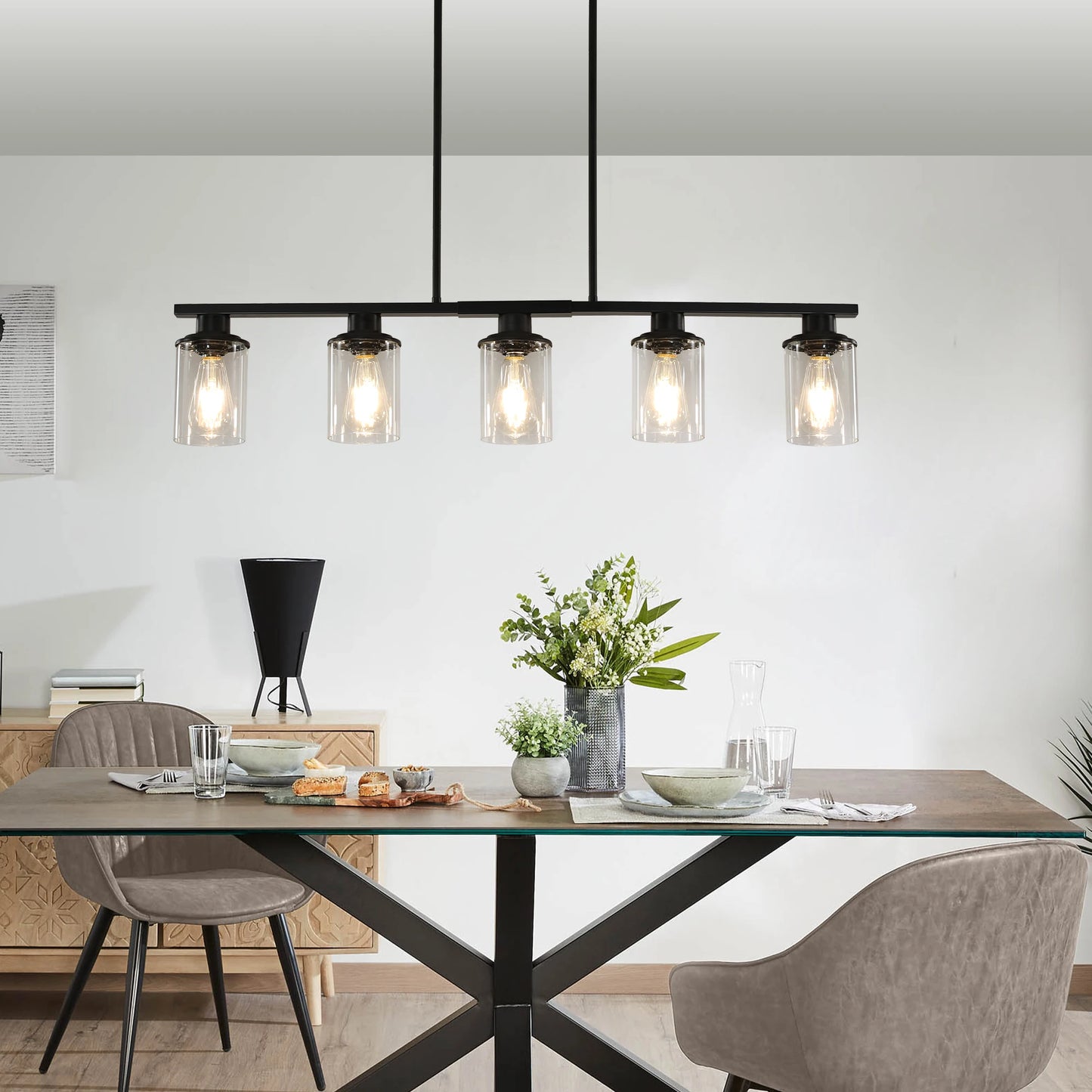 Chandelier Dining Table 5-Light Kitchen Island Pendant Light, Modern Chandelier Light with Clear Glass Shades, Matte Black Iron