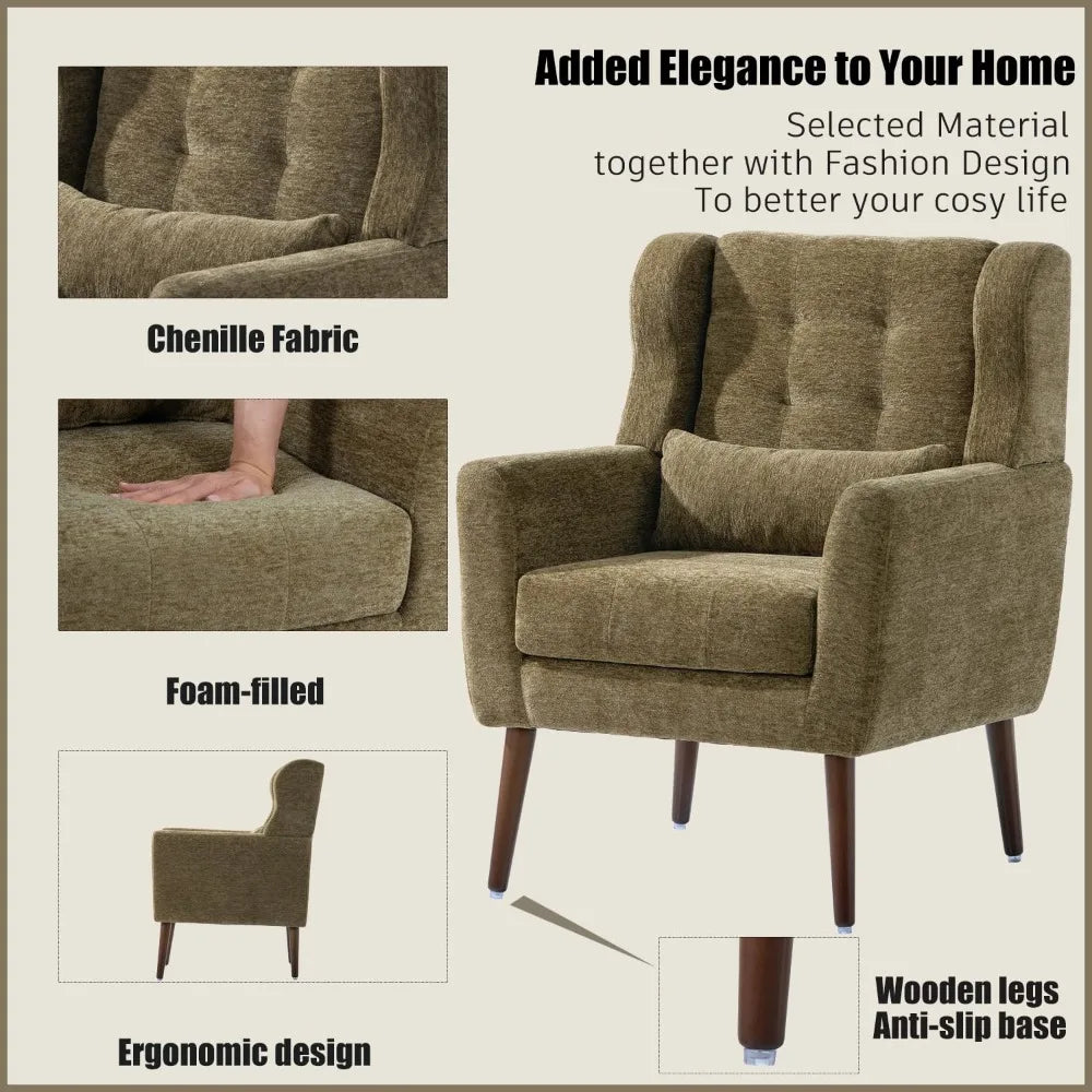 Accent Chair, Comfy Upholstered Living Room Chairs with High Tufted Backrest and Pillow, Wingback Reading Chair, Customized