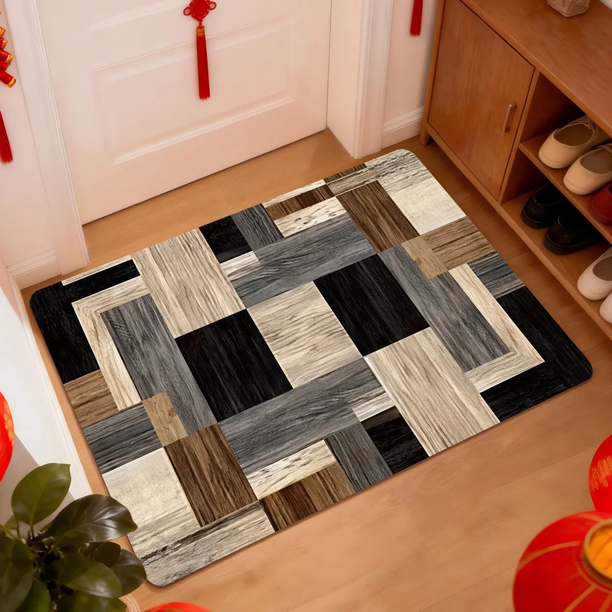 Patchwork Wood Tile Rug – Plaid Design in Neutral Tones for Living Room, Bedroom & Bathroom 40x60cm 50x80cm