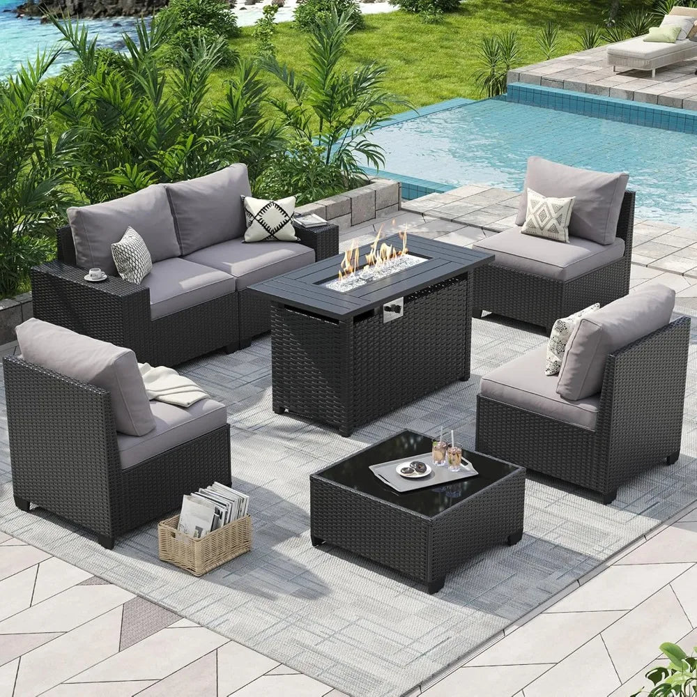Outdoor Patio Furniture Set with 44'' Fire Pit Table, 7 Pcs Outdoor Patio Furniture Sets with 4in Thicken Cushion.