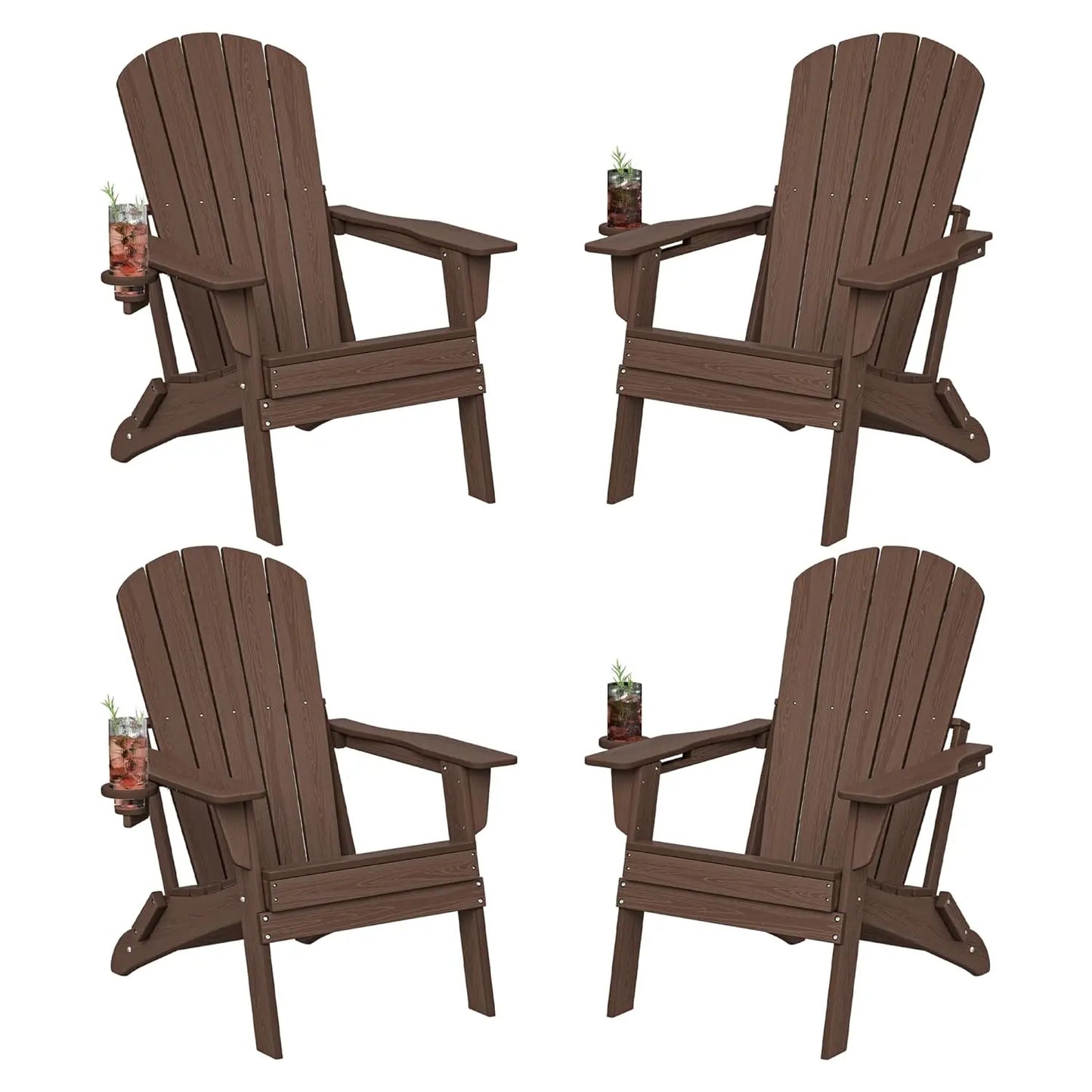 Folding Adirondack Chair Set of 4, Cup Holder，Wooden Textured ，Heavy All-Weather HDPE Comfortable Set Poolside, Customized