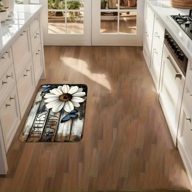 Farmhouse Wood Grain Daisy Butterfly Mat, Polyester Flannel Non-Slip Machine Washable Rug for Kitchen Dining Room Decor