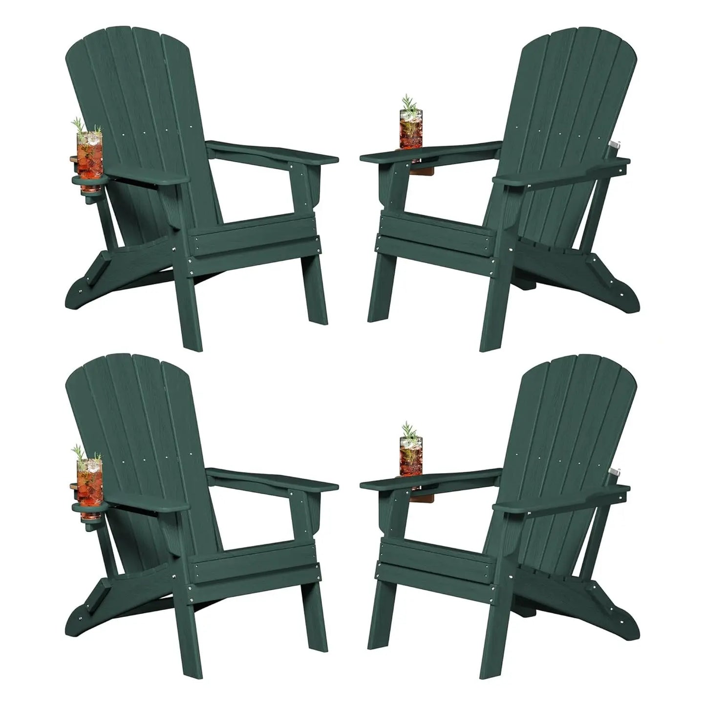 Folding Adirondack Chair Set of 4, Cup Holder，Wooden Textured ，Heavy All-Weather HDPE Comfortable Set Poolside, Customized