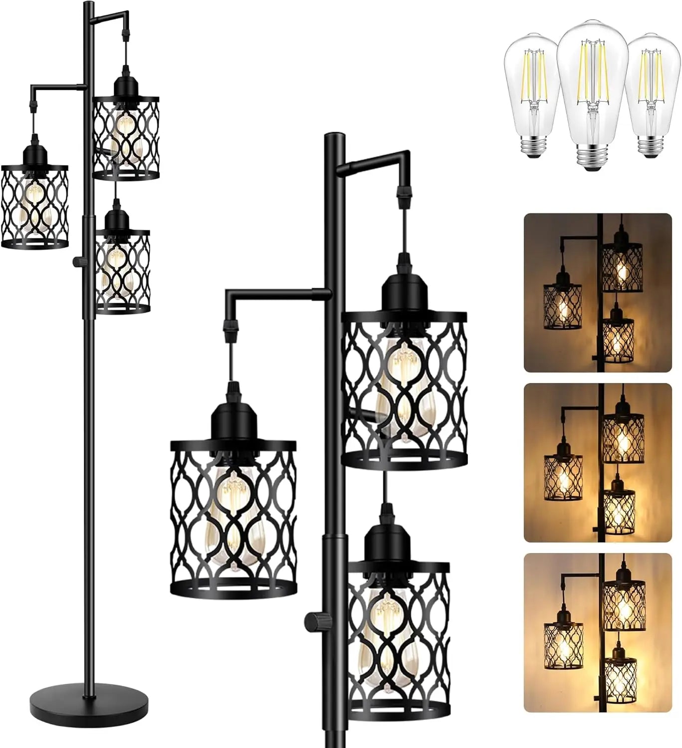Dimmable Farmhouse Floor Lamp with 3 LED Bulbs, Rustic Industrial Style for Living Room and Bedroom