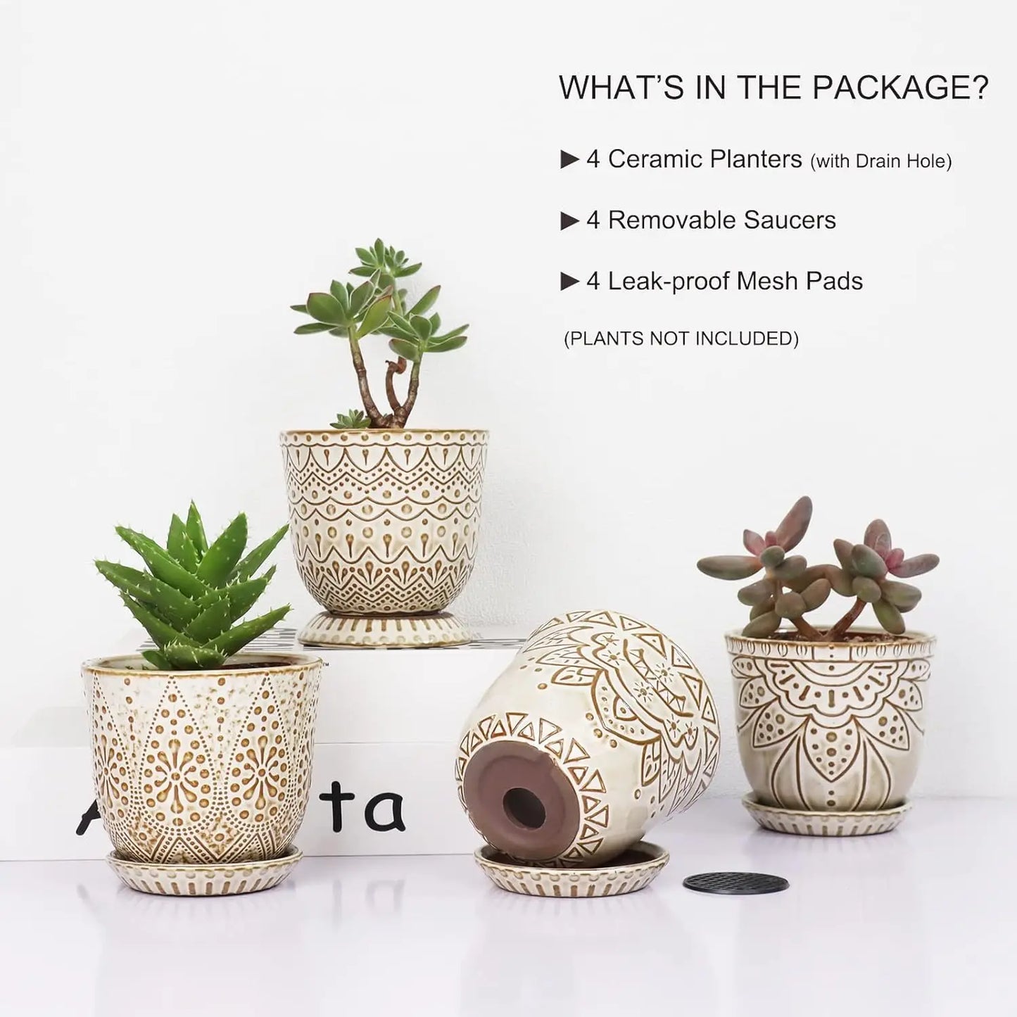4 Inch Ceramic Plant Pots with Drainage Holes and Saucers, Set of 4 for Succulents and Indoor Plants
