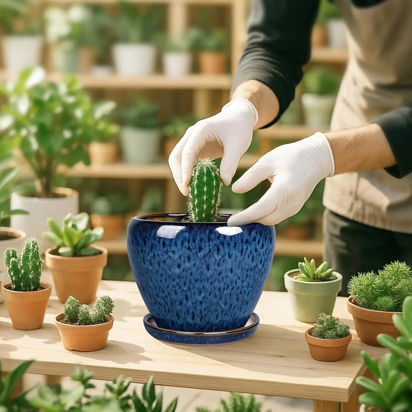 6 Inch Ceramic Plant Pot with Drainage Hole and Saucer, Blue Planter for Indoor Outdoor Succulents and Cacti
