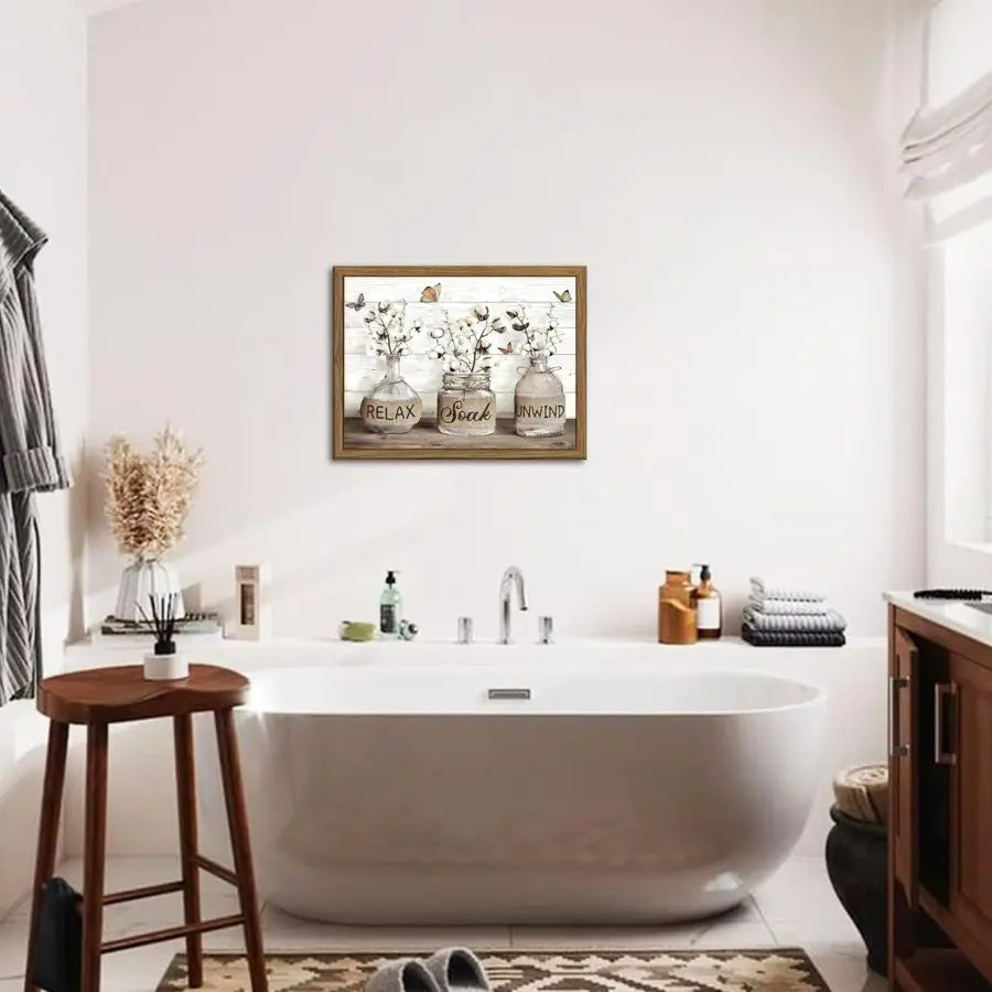 Bathroom Decor Wall Art, Framed Rustic Cotton Pictures Canvas Wall Decor Painting, Modern Country Relax Soak Unwind Sign Artwork