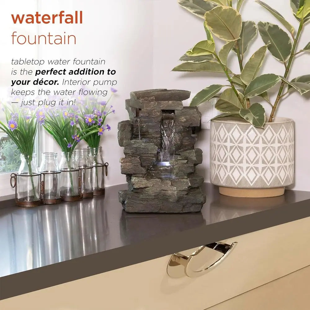 13" Tall Indoor Tabletop Water ountain, 4 Tier Cascading Water eature with LED Lights or Home, Oice, Living Room, or Zen Decor,