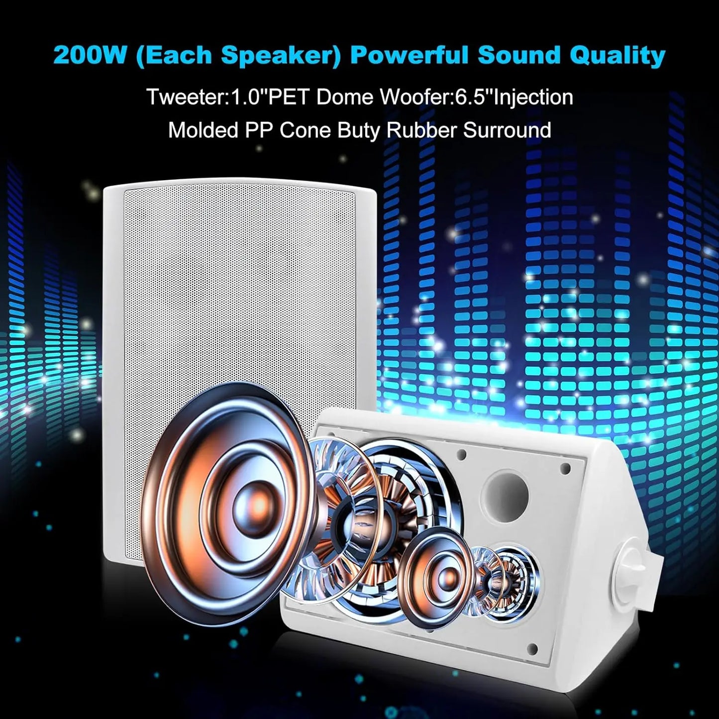 Herdio 6.5" 400W 2PCS Indoor Outdoor Bluetooth Speakers Wall Mount Speakers Waterproof Weather Resistant For Patio Garage Home