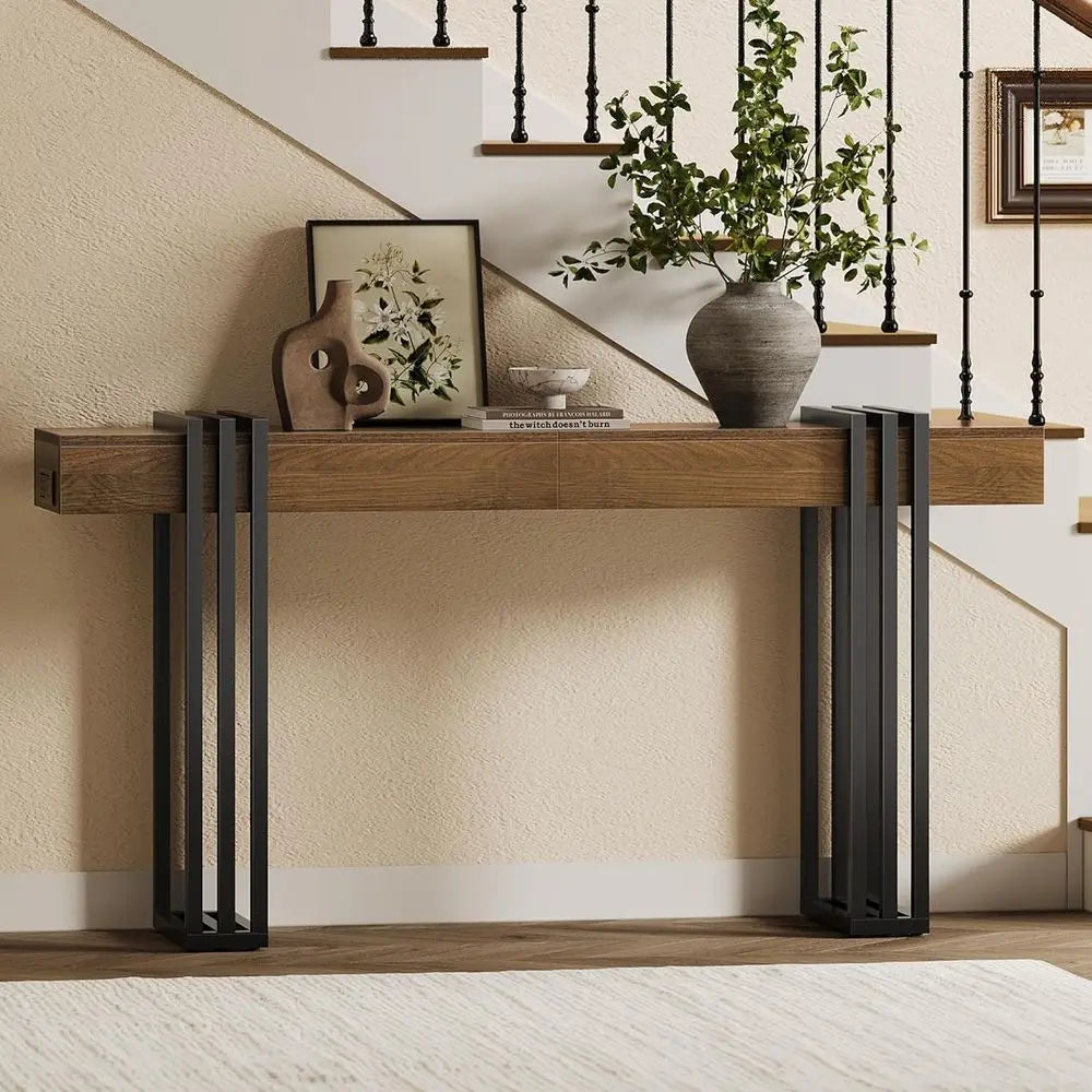 63"Long Console Table for Entryway - Behind Couch Table for Living Room, Wood Sofa Tables with Black Parallel Metal Frame,Walnut
