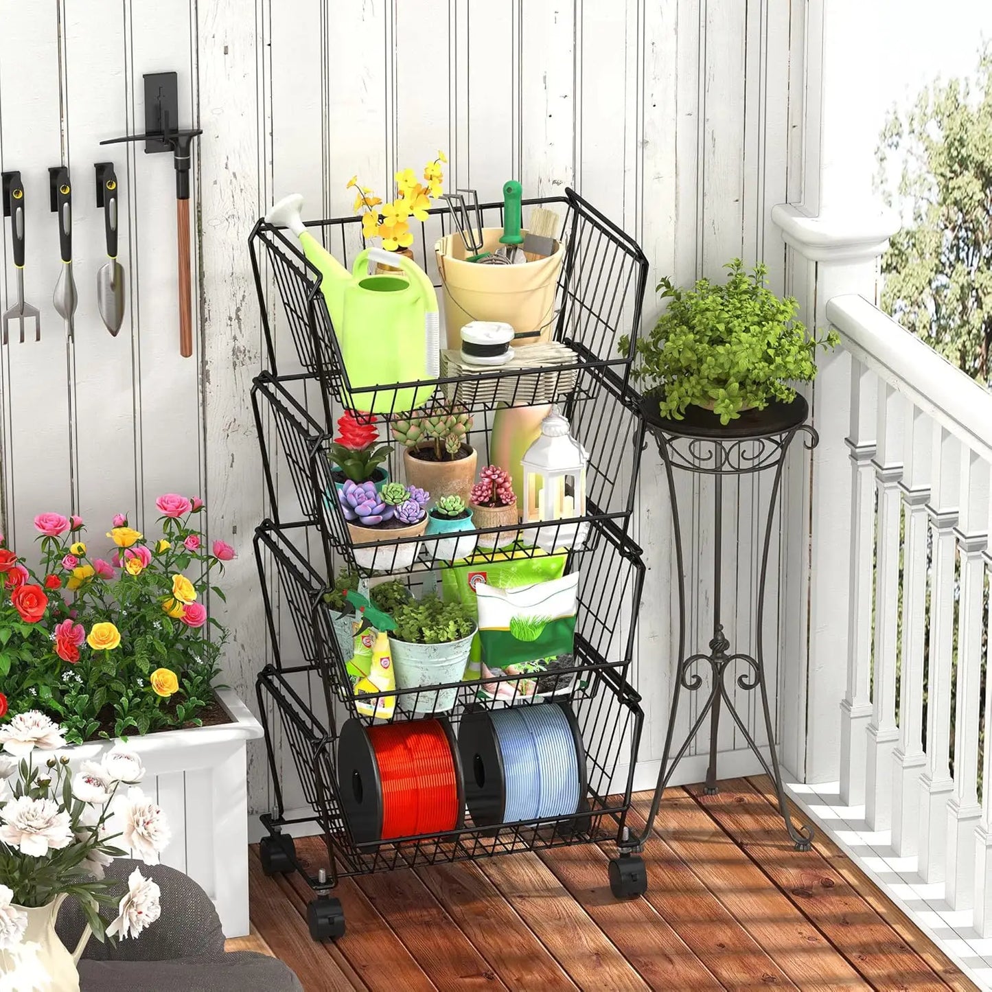 Stackable Metal Storage Carts, Dual Use Shelf for Kitchen Fruit Vegetable Baskets with Wheels, Storage Rack for Living Room, Hom