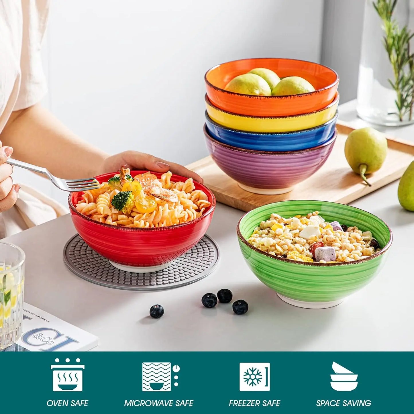Set of 6 Colorful Ceramic Soup Bowls, 27 Oz Microwave & Dishwasher Safe Kitchen Serving Bowls