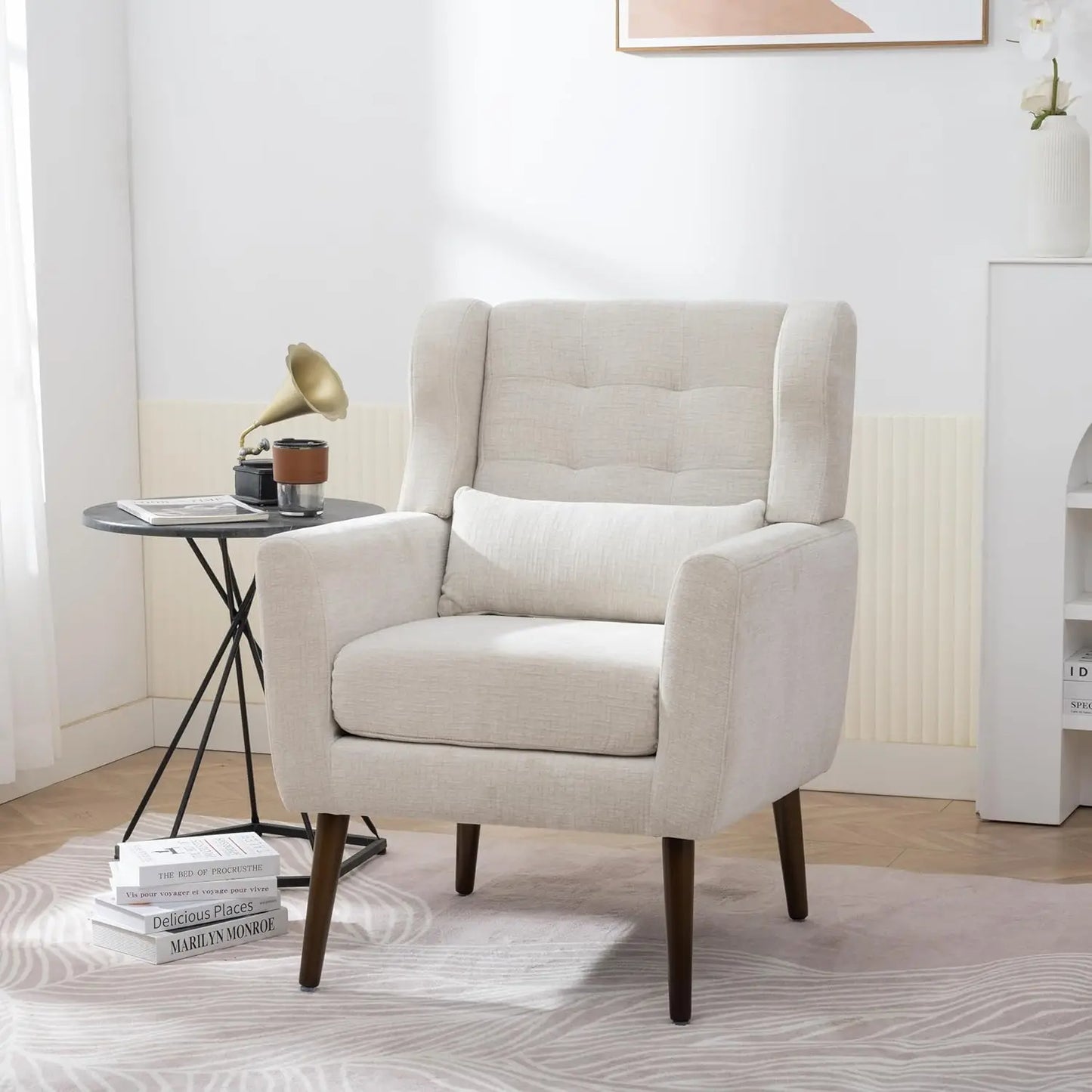 Accent Chair, Comfy Upholstered Living Room Chairs with High Tufted Backrest and Pillow, Wingback Reading Chair, Customized