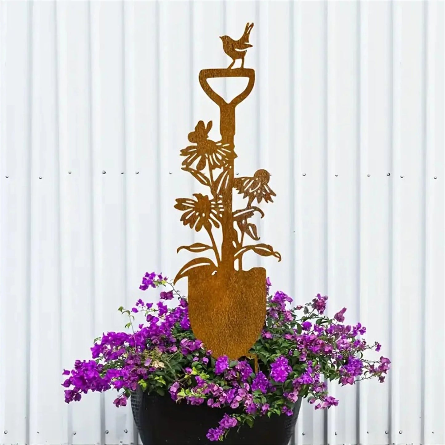 Metal Garden Stake with 2D Shovel Flower and Bird Design - Decorative Yard Sign for Lawn and Outdoor Ground Insert