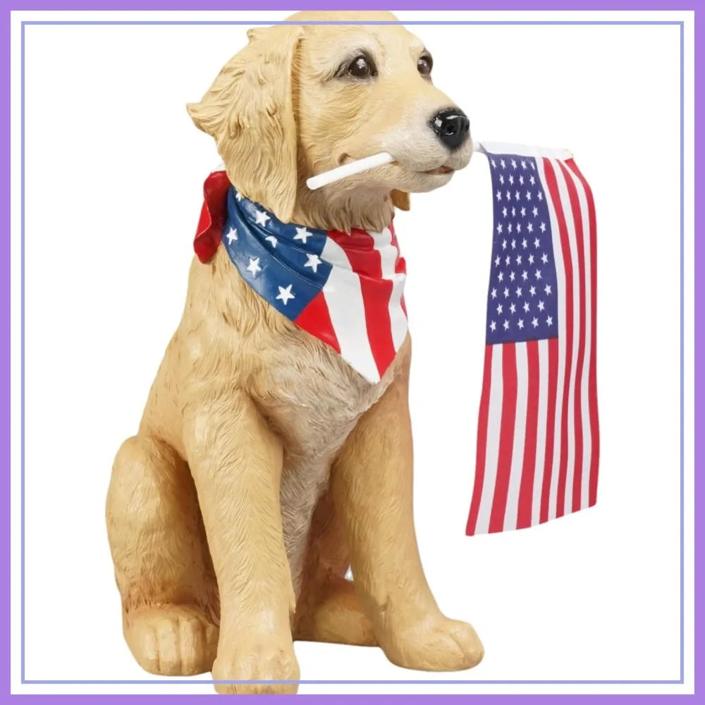 Large Resin Puppy with American Flag Statue for Outdoor Yard Lawn Decor, Patriotic Garden Decoration 12.5x8.5x13.5 Inch