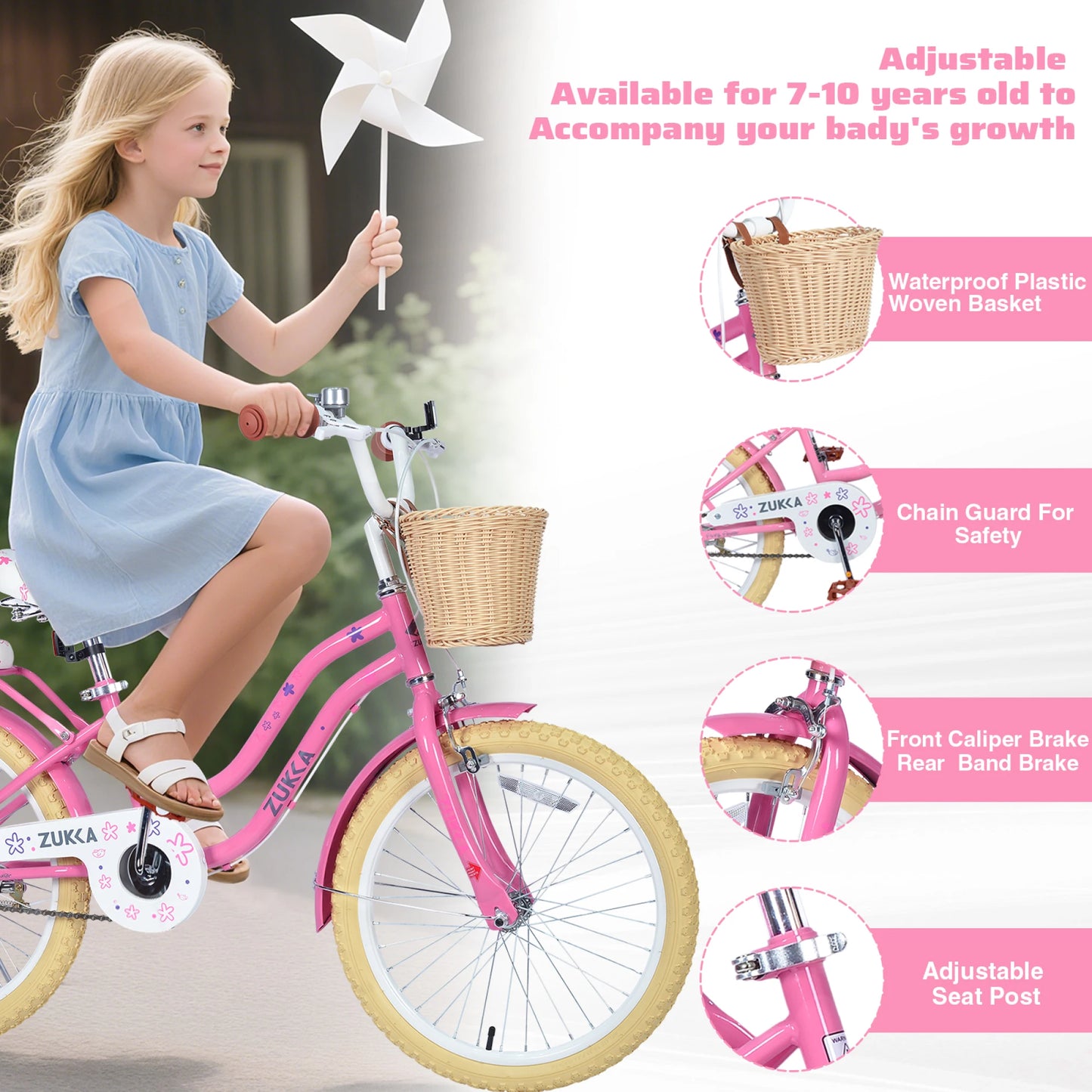 20" Girl Bicycle with Front Basket, Rear Rack & Single Speed Steel Frame, Kids Pedal Bicycle for 7-10 Years Old