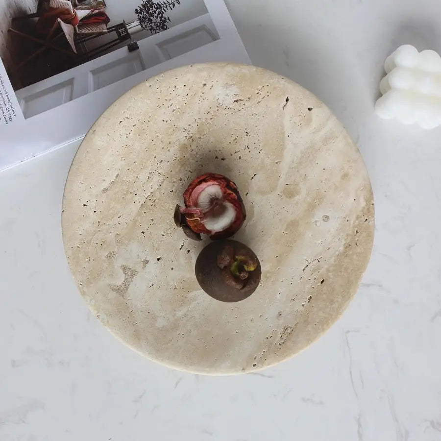 Handmade Travertine Fruit Bowl for Kitchen Counter 10, Large Decorative Bowl for Home Decor, Modern 3Legs Serving Plate, Key Bow