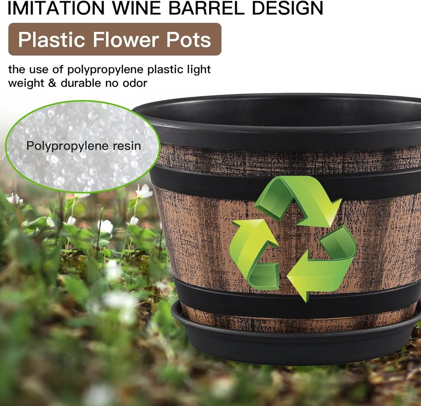 3 Pack 10 inch Plant Pots,Whiskey Barrel Planters with Drainage Holes & Saucer, Plastic Decoration Flower Pots Imitation Wine