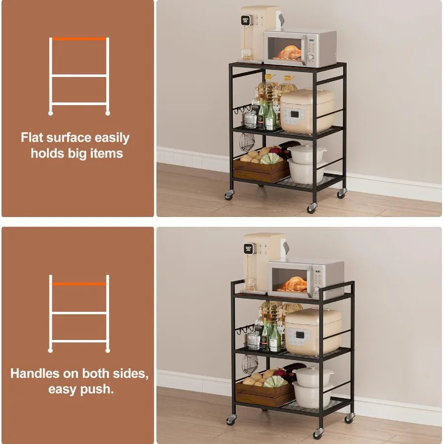 3-Tier Kitchen Cart With Adjustable Shelves - Microwave Storage Cart & Utility Rolling Organizer, Industrial Wheels For Small Sp