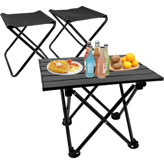 Folding Camping Table with Chairs Lightweight Picnic Table and 2 Chairs for Beach Hiking Travel Fishing BBQ,Outdoor Sturdy Table