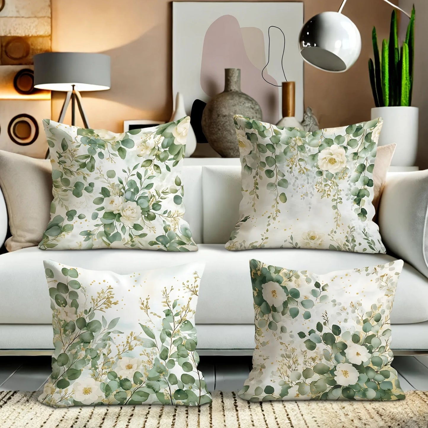 4pc Fresh Green Plants Floral Pattern Home Decor Pillowcase Living Room Sofa Polyester Cushion Cover with Zipper