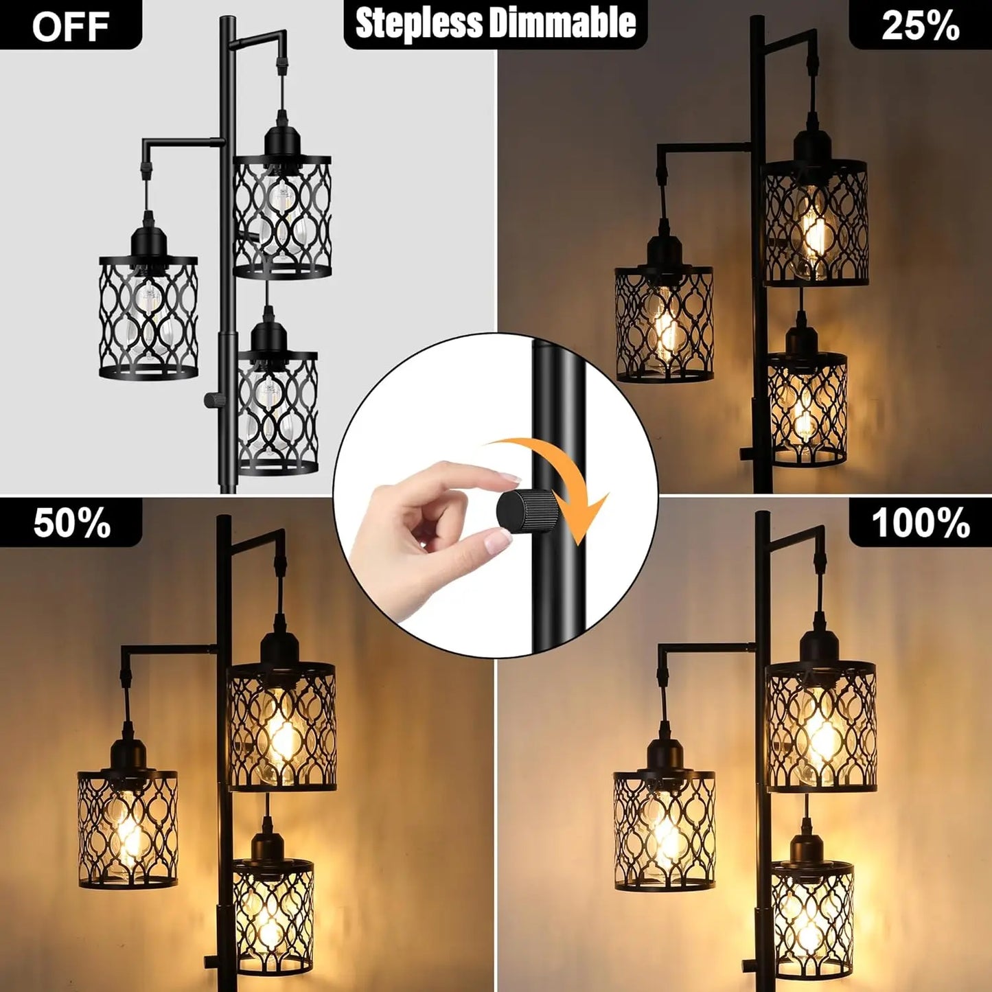 Dimmable Farmhouse Floor Lamp with 3 LED Bulbs, Rustic Industrial Style for Living Room and Bedroom
