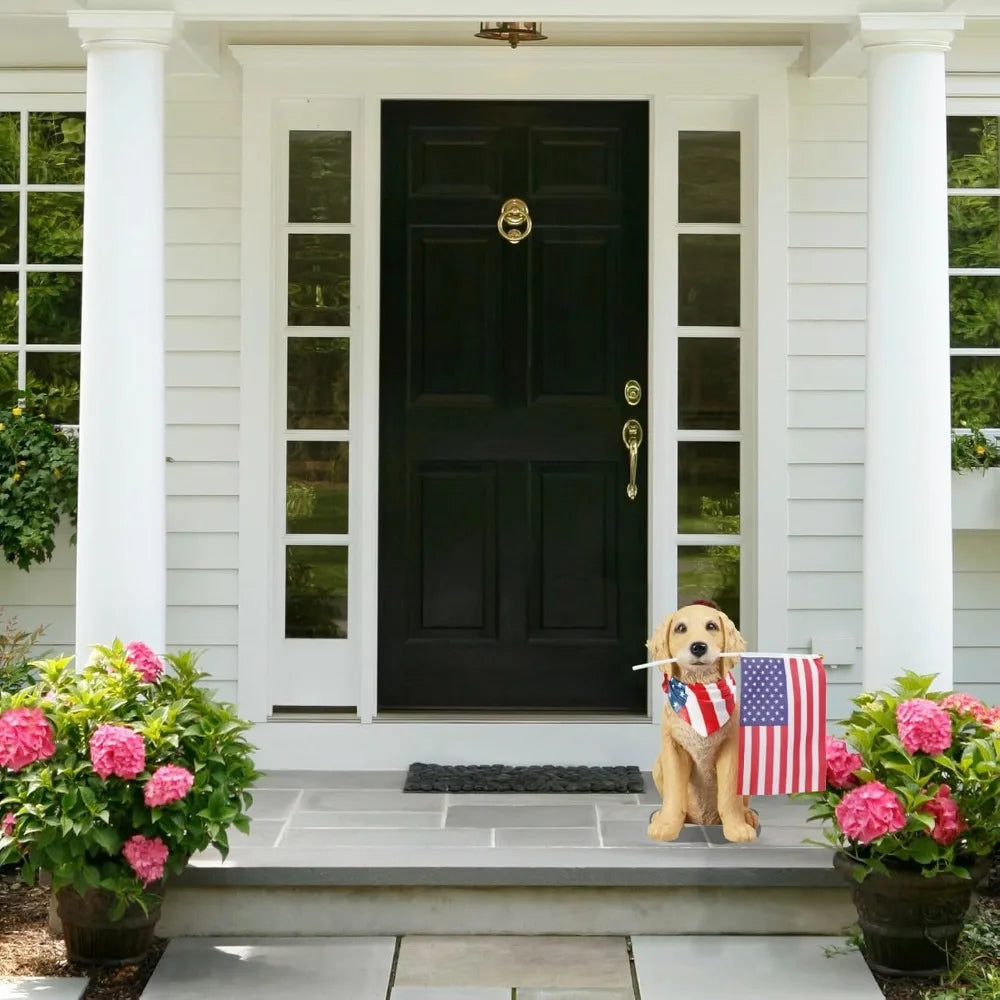 Large Resin Puppy with American Flag Statue for Outdoor Yard Lawn Decor, Patriotic Garden Decoration 12.5x8.5x13.5 Inch