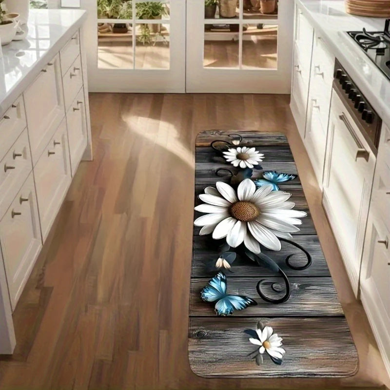 Farmhouse Wood Grain Daisy Butterfly Mat, Polyester Flannel Non-Slip Machine Washable Rug for Kitchen Dining Room Decor