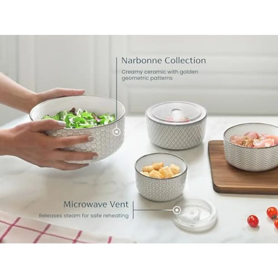 Serving Bowls with Lids Ceramic Nesting Bowls Set of 4 Embossed Kitchen Prep Stackable Gift Microwave and Dishwasher Safe 10/16