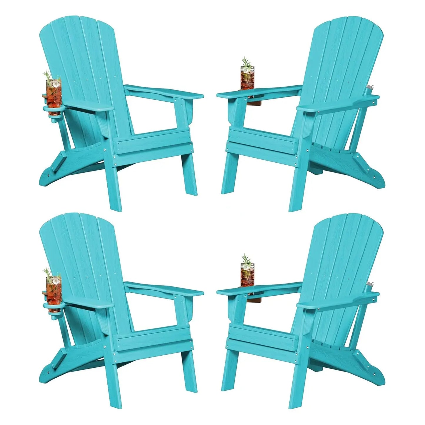 Folding Adirondack Chair Set of 4, Cup Holder，Wooden Textured ，Heavy All-Weather HDPE Comfortable Set Poolside, Customized
