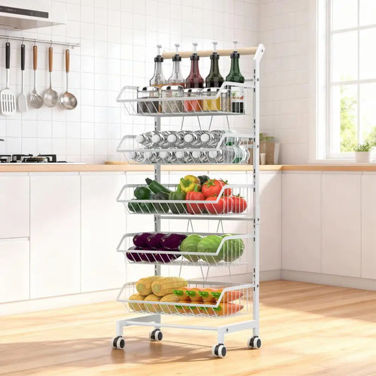 5-Tier Adjustable Rolling Kitchen Cart Fruit Vegetable Basket Metal Wire Storage Cart on Wheels for Potato Onion Snack Produce