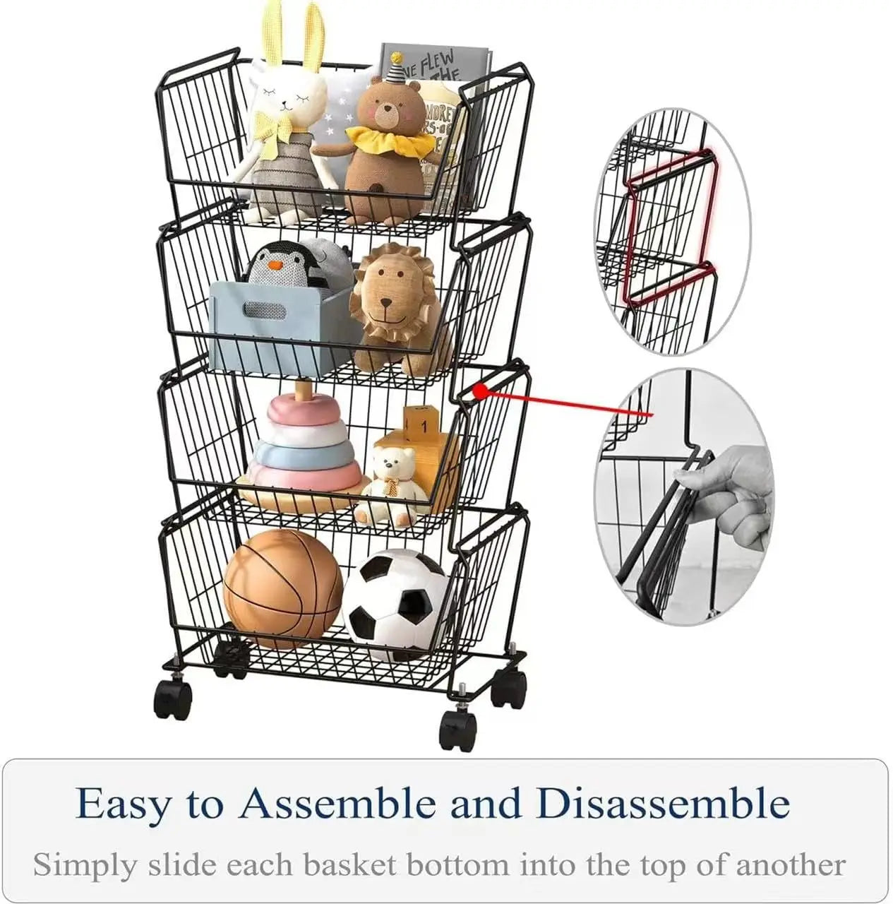 Stackable Metal Storage Carts, Dual Use Shelf for Kitchen Fruit Vegetable Baskets with Wheels, Storage Rack for Living Room, Hom
