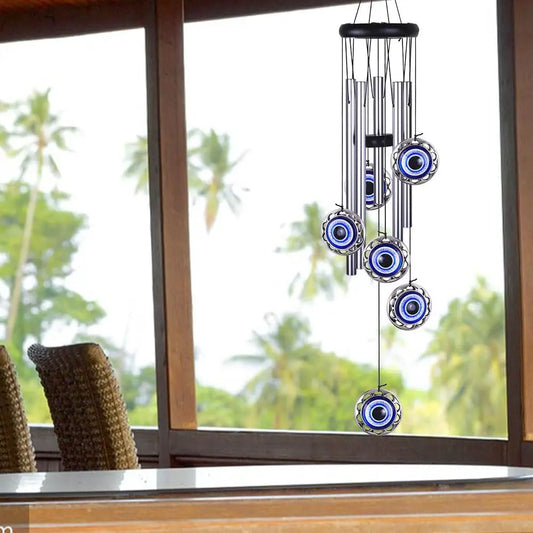 Blue Evil Eye Wind Chimes for Outdoor Decor, Handmade with 5 Aluminum Tubes, Perfect Gift for Home Garden Patio