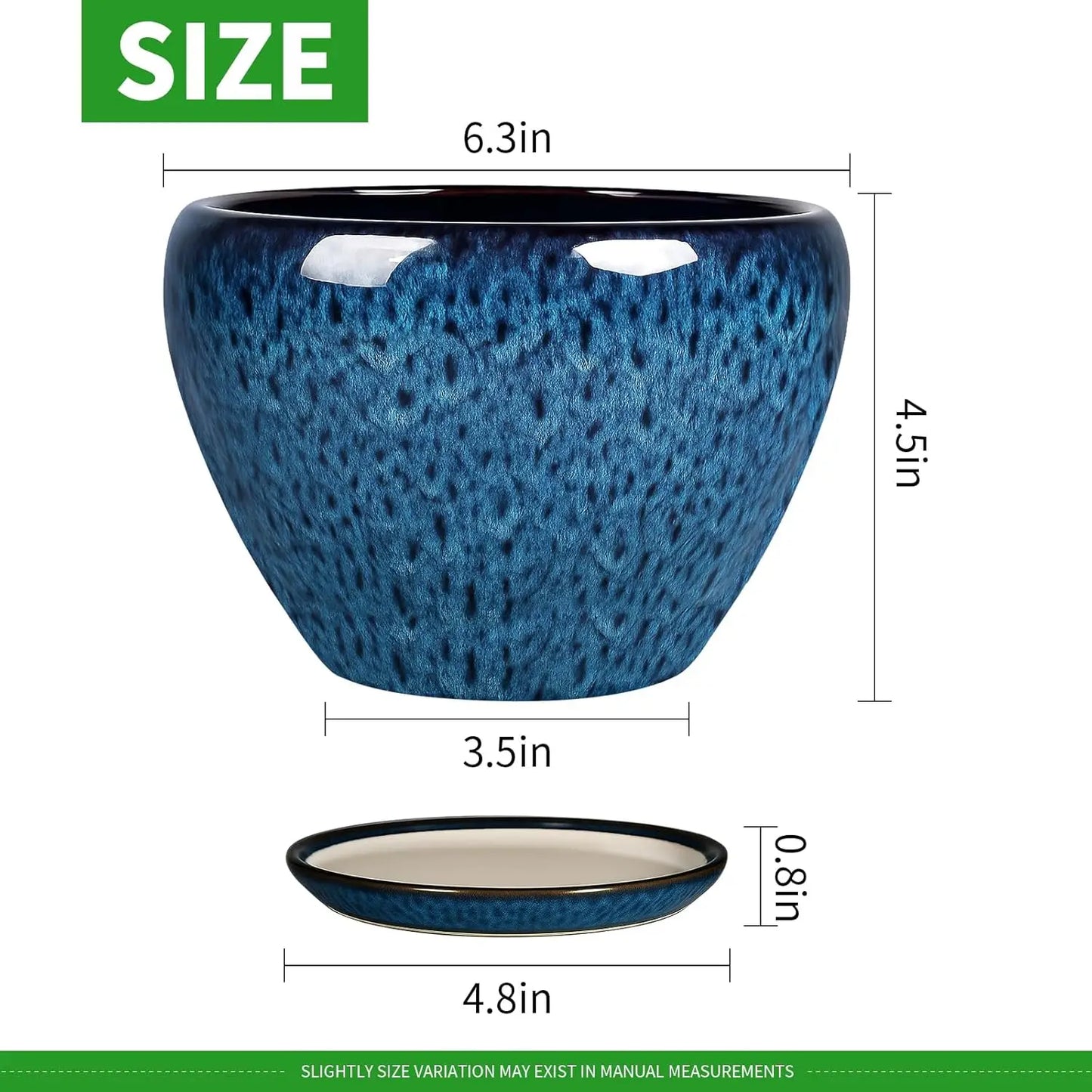 6 Inch Ceramic Plant Pot with Drainage Hole and Saucer, Blue Planter for Indoor Outdoor Succulents and Cacti