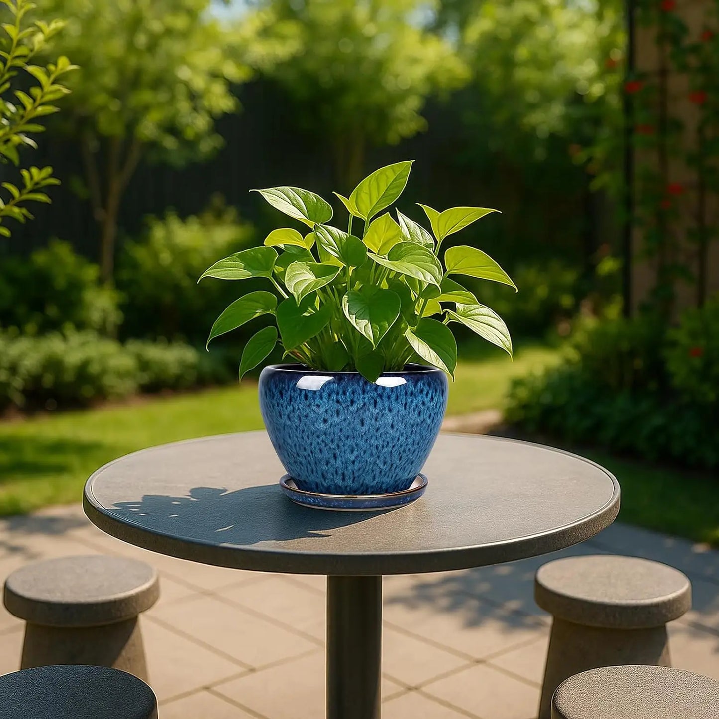 6 Inch Ceramic Plant Pot with Drainage Hole and Saucer, Blue Planter for Indoor Outdoor Succulents and Cacti