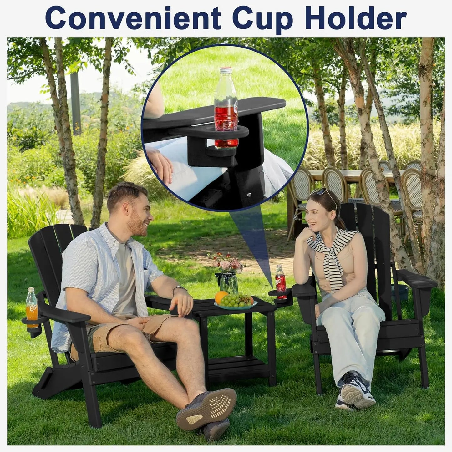 Folding Adirondack Chair Set of 4, Cup Holder，Wooden Textured ，Heavy All-Weather HDPE Comfortable Set Poolside, Customized