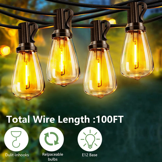 100FT Solar Outdoor String Lights IP65 Waterproof Patio Lights, Shatterproof E12 Replaceable Bulbs, Remote Dimmable Timing