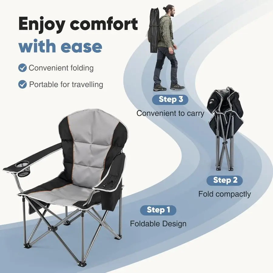 Folding Camping Chairs, Outdoor Collapsible Padded Chairs with Cup Holder Cooler Bag, Heavy Duty Portable Camping Chair for Gard
