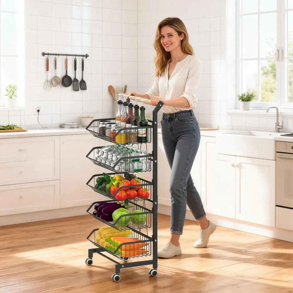 5-Tier Adjustable Rolling Kitchen Cart Fruit Vegetable Basket Metal Wire Storage Cart on Wheels for Potato Onion Snack Produce