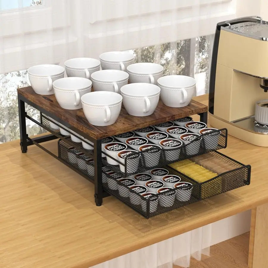 Pod Holder For Counter, Wooden K Cup Holder with Sliding Drawer, Large Capacity Coffee Pod Storage for Coffee Station, Home, Off