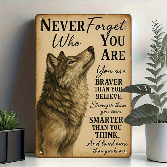 1PC Tin Sign Wolf Motivational - Never Forget Who You Are, Office/Living Room Decor, 8x12 Inches/20x30 Cm