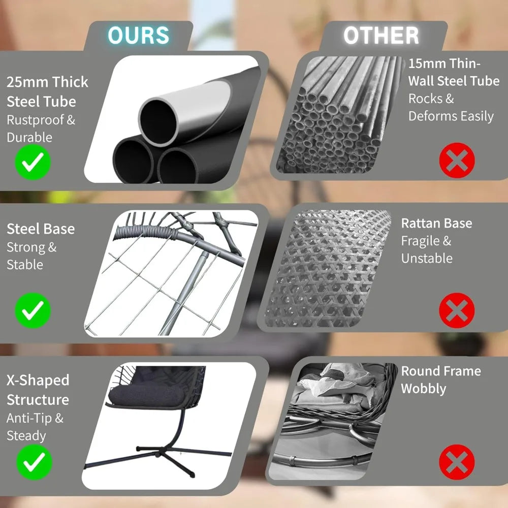 Hanging Egg Chair with Stand Indoor Outdoor, Foldable Rattan Wicker Hammock Egg Swing Chair for Bedroom Porch Patio Garage.
