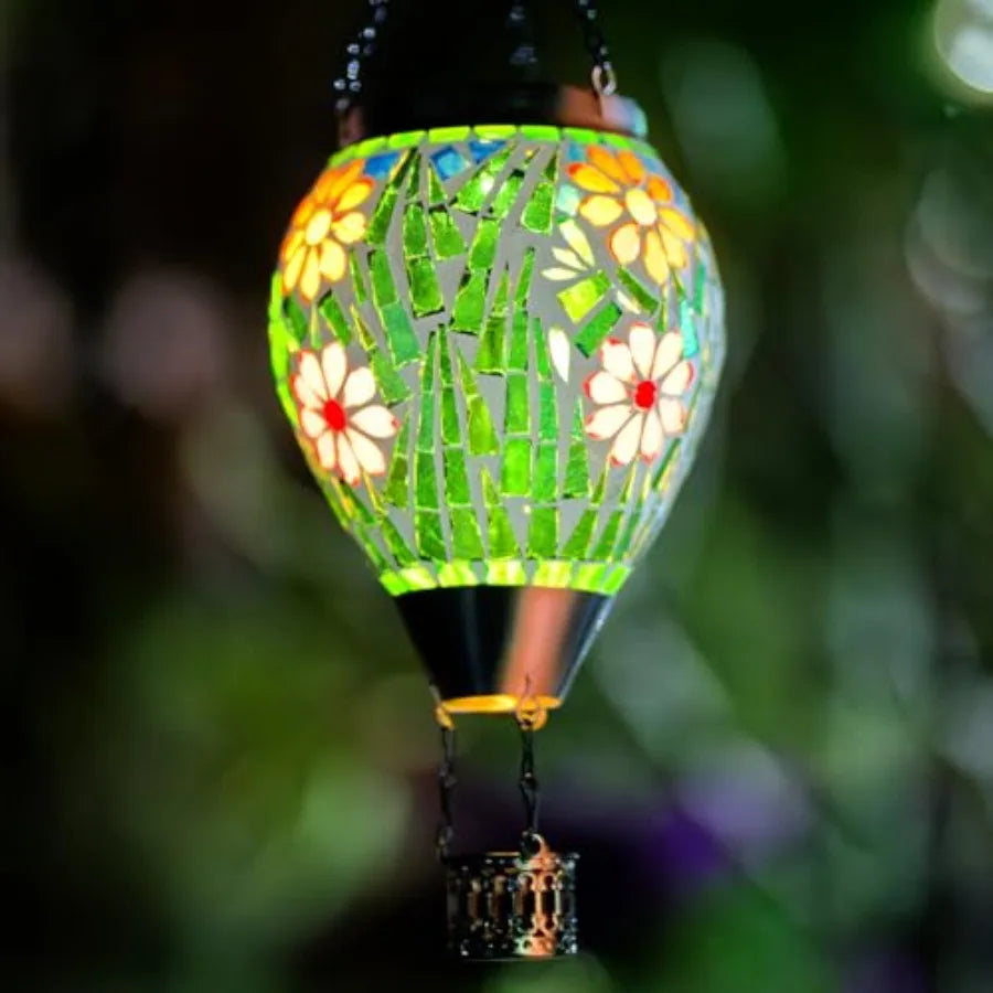 Hot Air Balloon Solar Lantern Flower Pattern Glass Hanging Solars Lanterns Outdoor Waterproof Decorative Solar Light for Garden