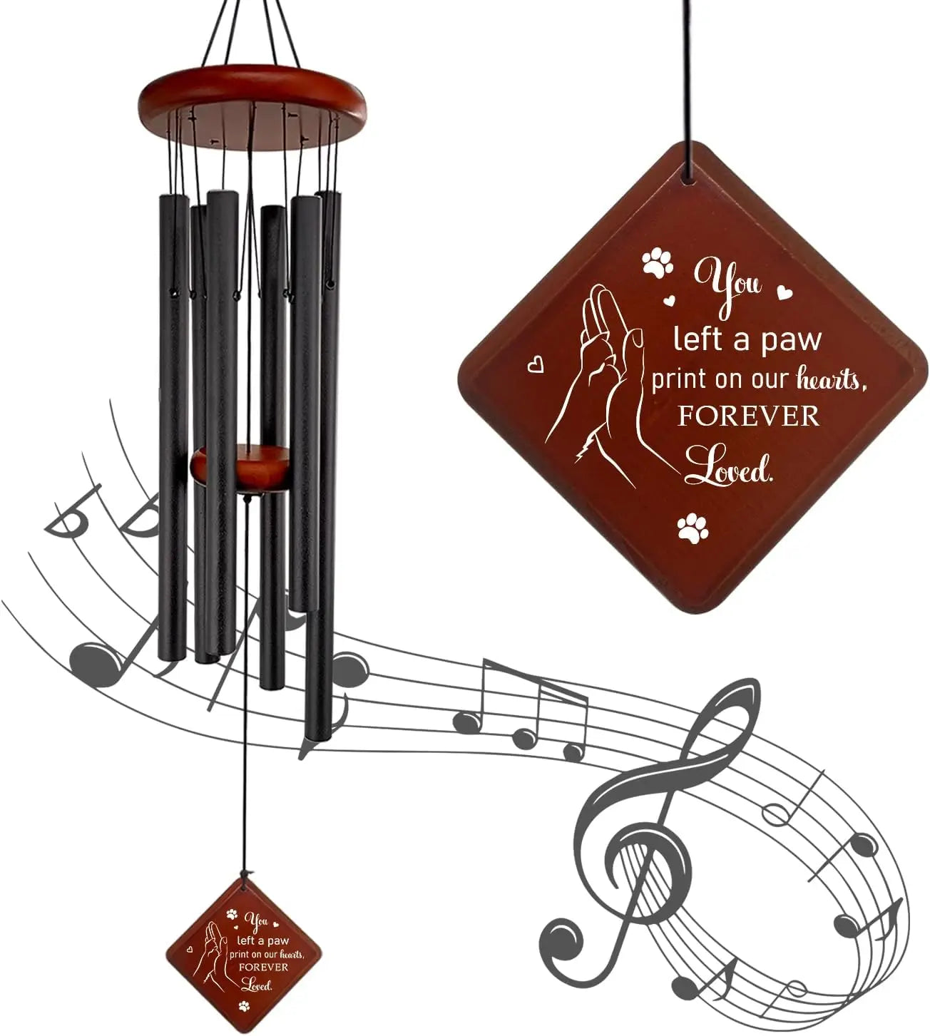 Pet Memorial Wind Chimes for Loss of Dog, Sympathy Gift, Paw Print on Hearts, Outdoor Garden Decor