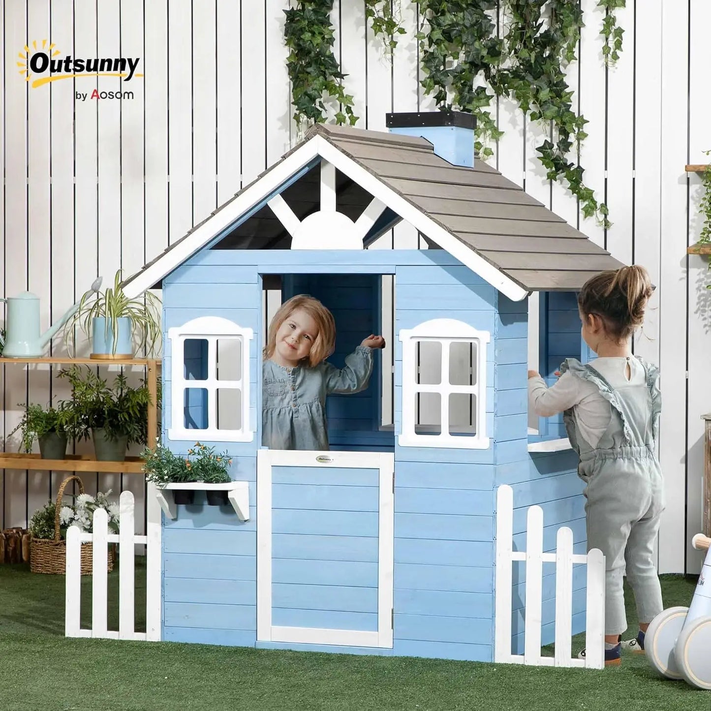 Playhouse for Kids Outdoor, Country Style Wooden Playhouse with Flower Pot Holders, Working Door, Windows, Service, Customized