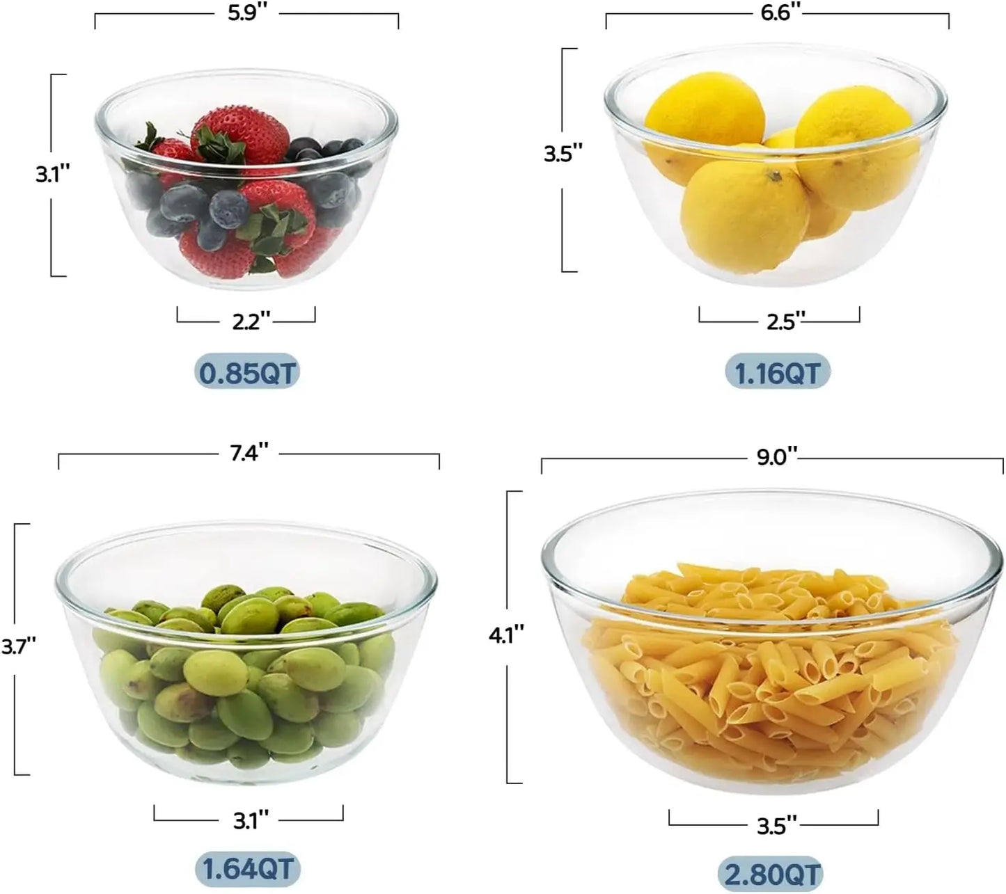 4pc Nesting Glass Mixing Bowls Set (2.80QT, 1.64QT, 1.16QT, 0.85QT) for Cooking Baking Storage Dishwasher Microwave Safe
