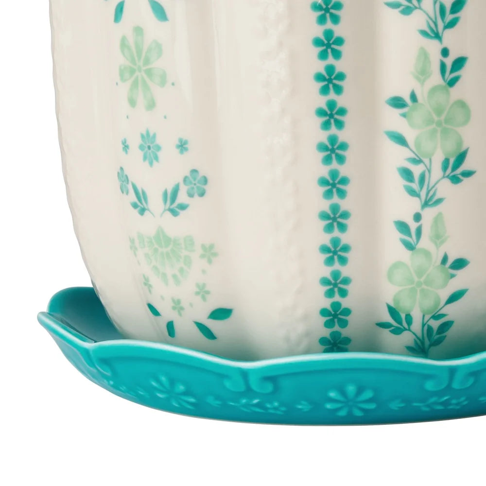 8 Inch Ceramic Scallop Planter with Floral Pattern Drainage Holes Indoor Outdoor Use Perfect Flowers Herbs Succulents