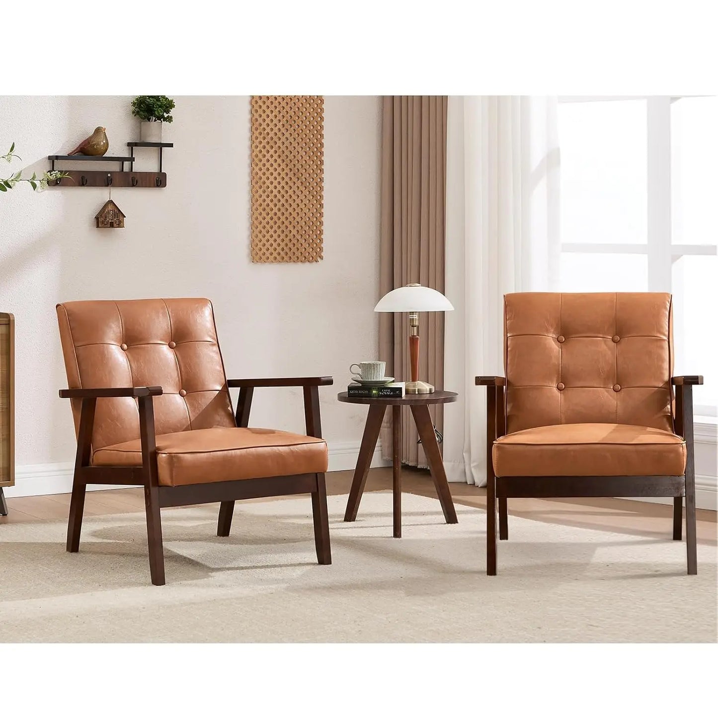 Mid Century Modern Accent Chairs Set of 2, Tufted Fabric Armchair with Solid Wood Frame, Comfy Retro Side Chair, Customized